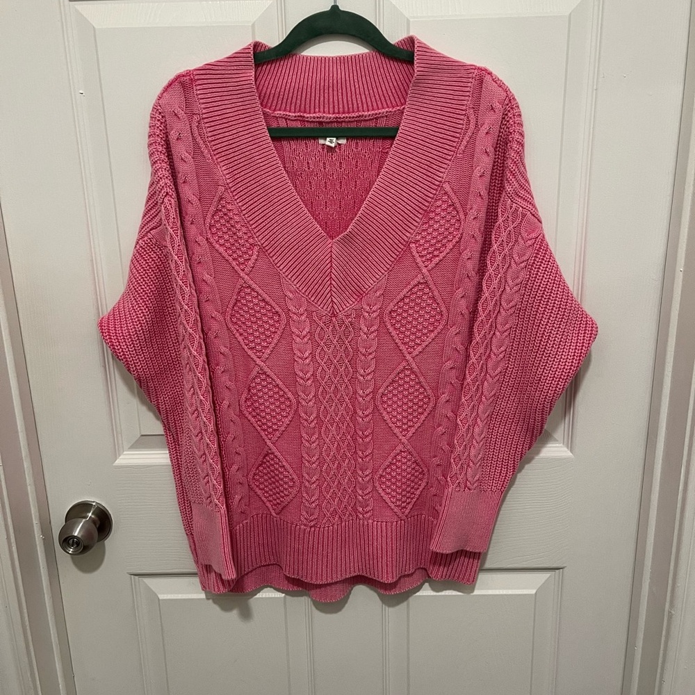 Aerie Pink Cable Knit V-Neck Sweater - Size L